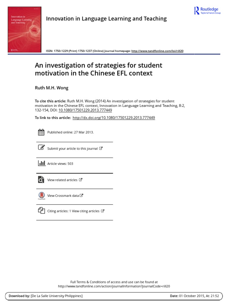 Strategies For Student Motivation In The Efl Context Pdf English As
