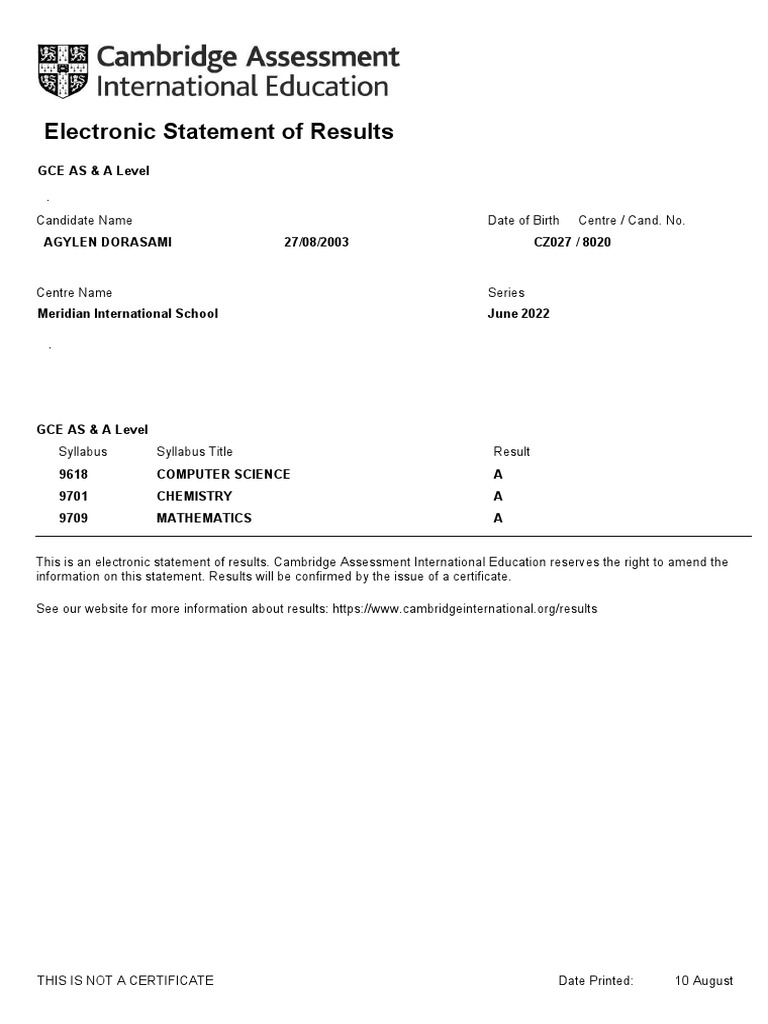 Electronic A Level Results Statement | PDF | Finance & Money Management ...