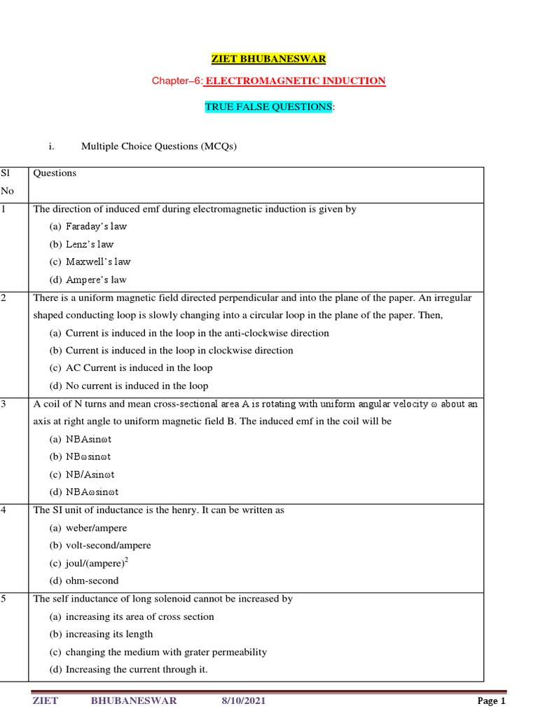 Physics XII CH 6 MCQ Induction PDF