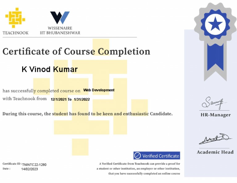 Teachnook COURSE Completion Certificate _ K Vinod Kumar | PDF
