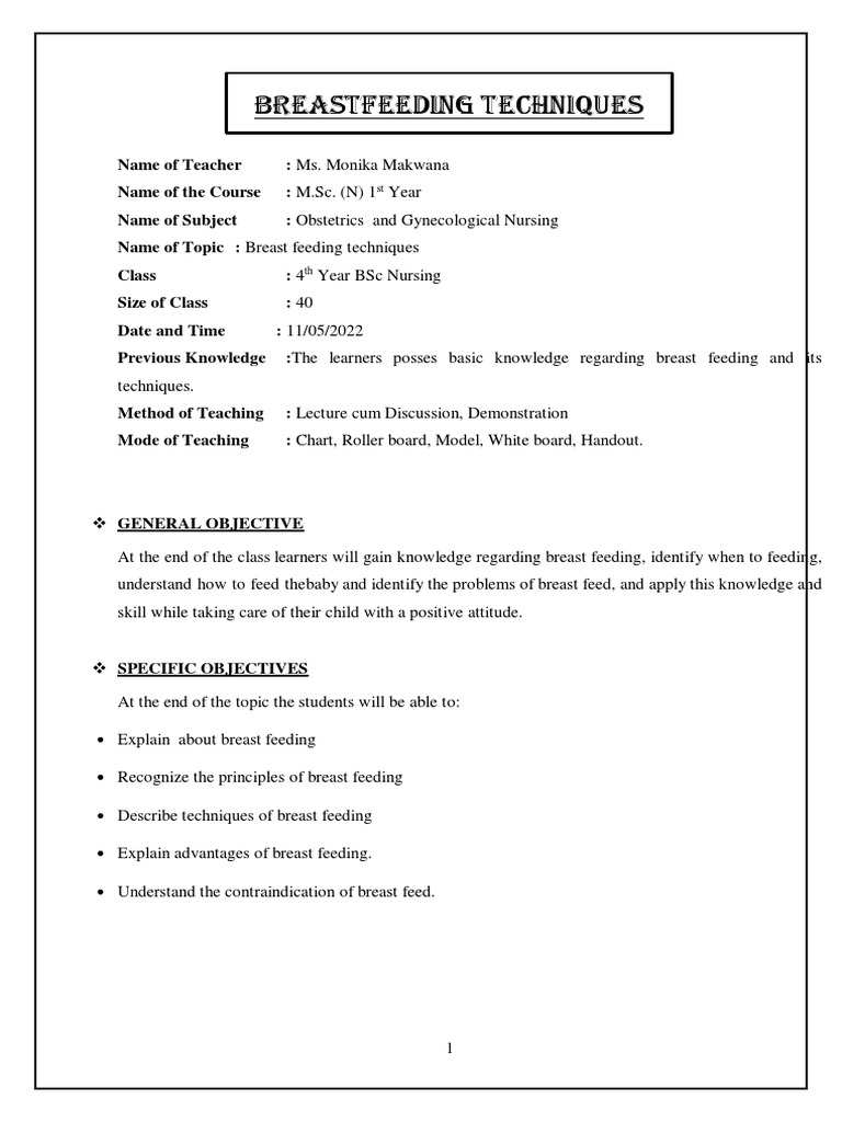 Breastfeeding TechniquesLesson Plan PDF Breastfeeding Breast Milk