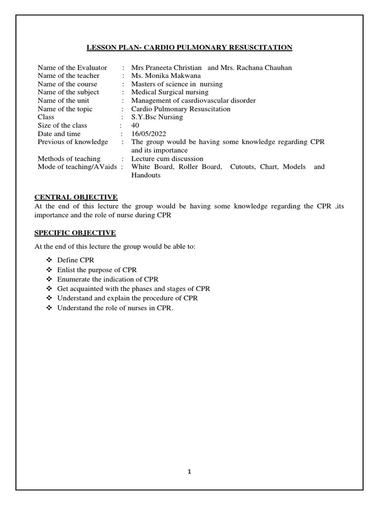 CPR Lesson Plan for Nursing Students | PDF | Cardiopulmonary ...