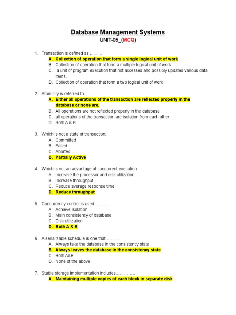 Unit 5 dbms mcq s pdf