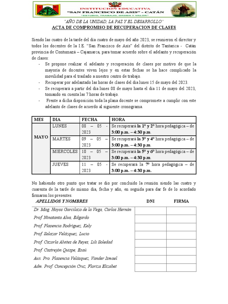 Acta de Recuperación de Clases 2023 | PDF