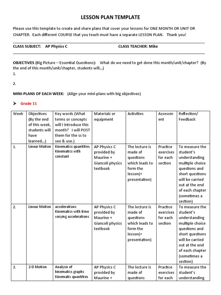 Monthly plan template fie pdf kinematics physics