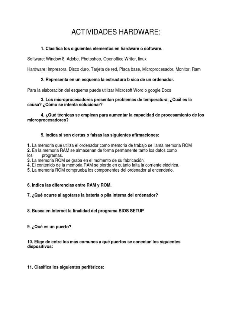 Actividades de Hardware y Software en Informática | PDF | Juegos y ...