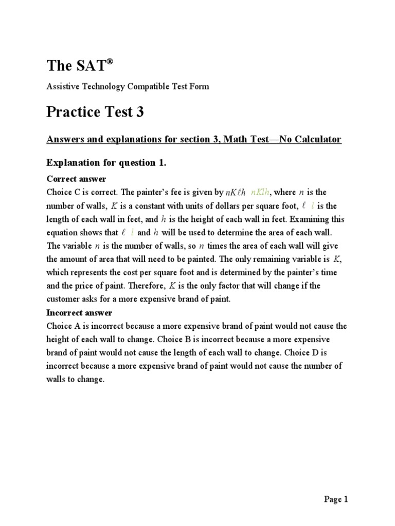 Sat Practice Test 3 Math No Calculator Answer Explanations at | PDF ...