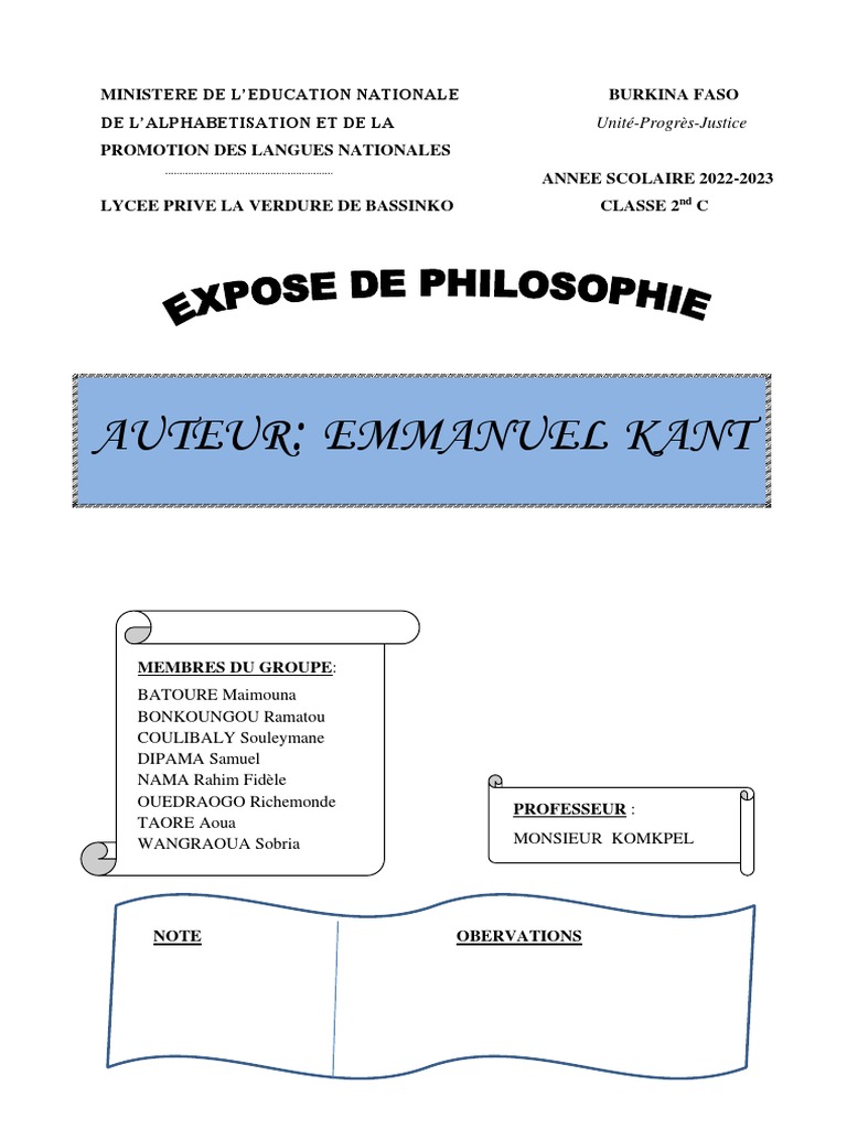 Exposé sur Emmanuel Kant et sa Philosophie | PDF | Emmanuel Kant ...