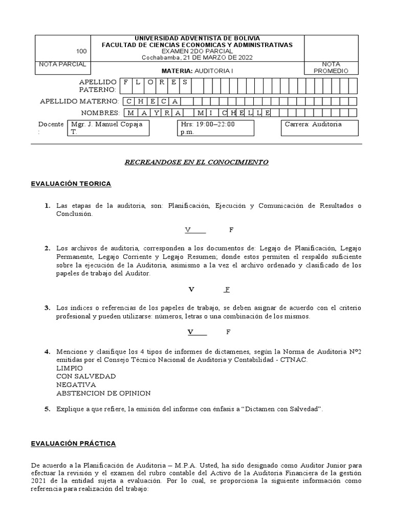 Examen 2do Parcial - MAYRA FLORES | PDF | Auditoría | Ciencias económicas