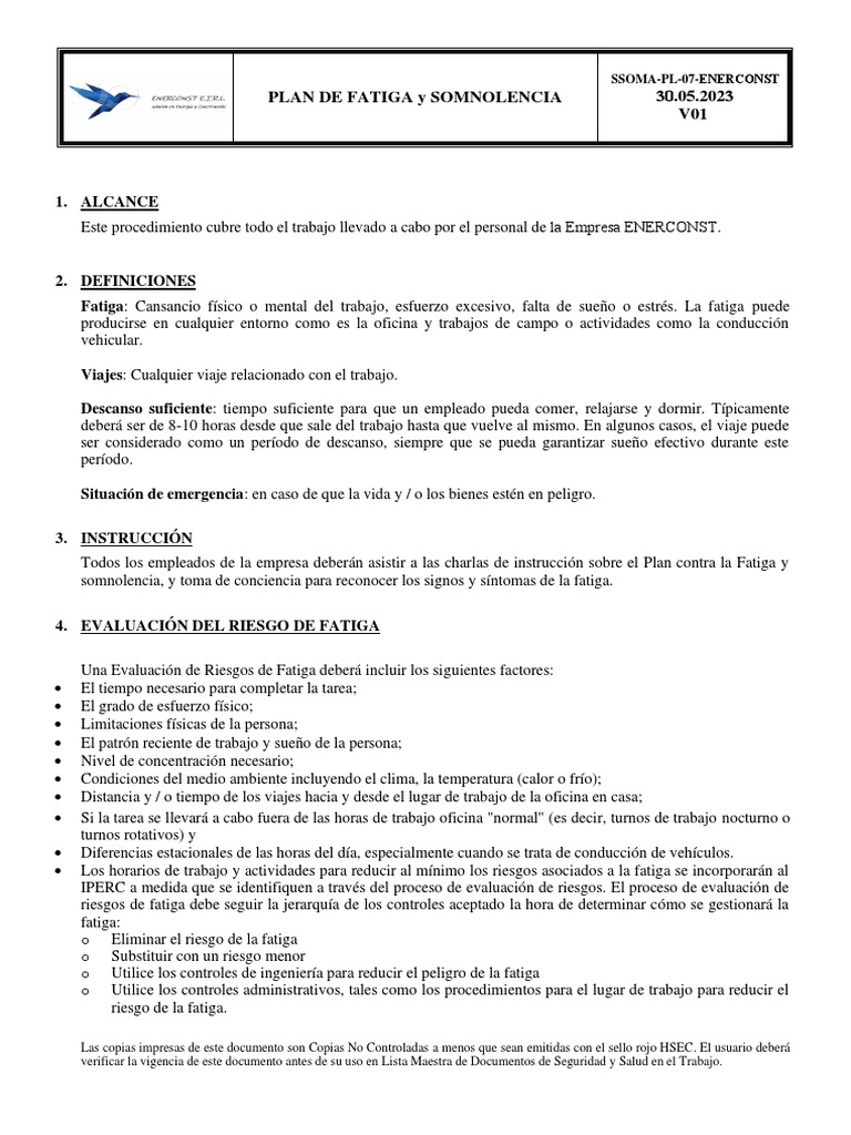 Anexo 18 - Plan de Fatiga y Somnolencia V01 | PDF | Negocios | Informática