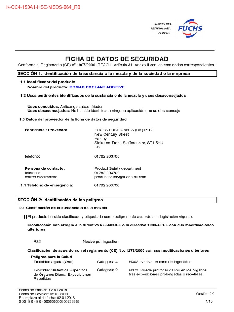 Ficha de Seguridad: BOMAG Coolant Additive | PDF | Química | Ciencias ...