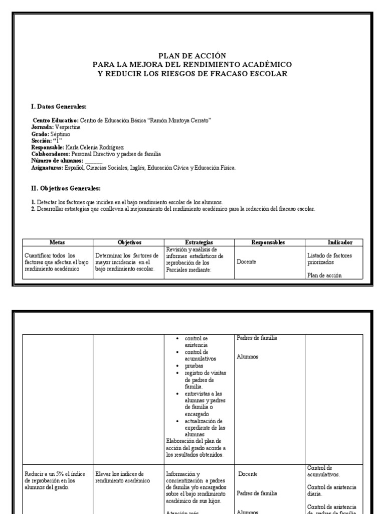 Plan de Acción para Mejorar Rendimiento Académico | PDF