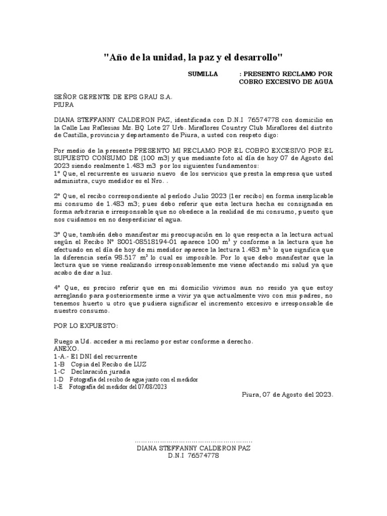 Reclamo por Cobro Excesivo de Agua | PDF