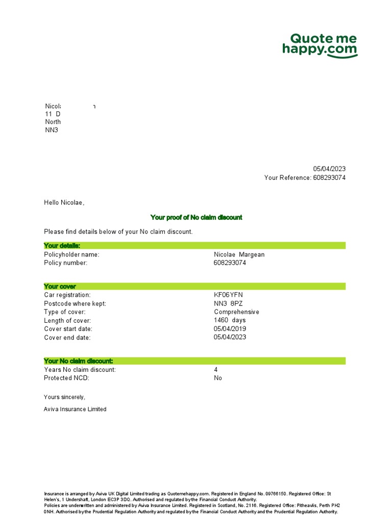 your-proof-of-no-claim-discount-yours-sincerely-aviva-insurance