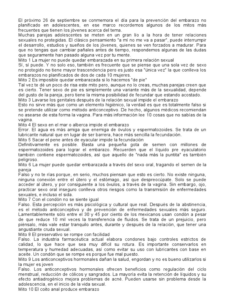 Mitos sobre la Sexualidad Adolescente | PDF | Condón | Control de la ...