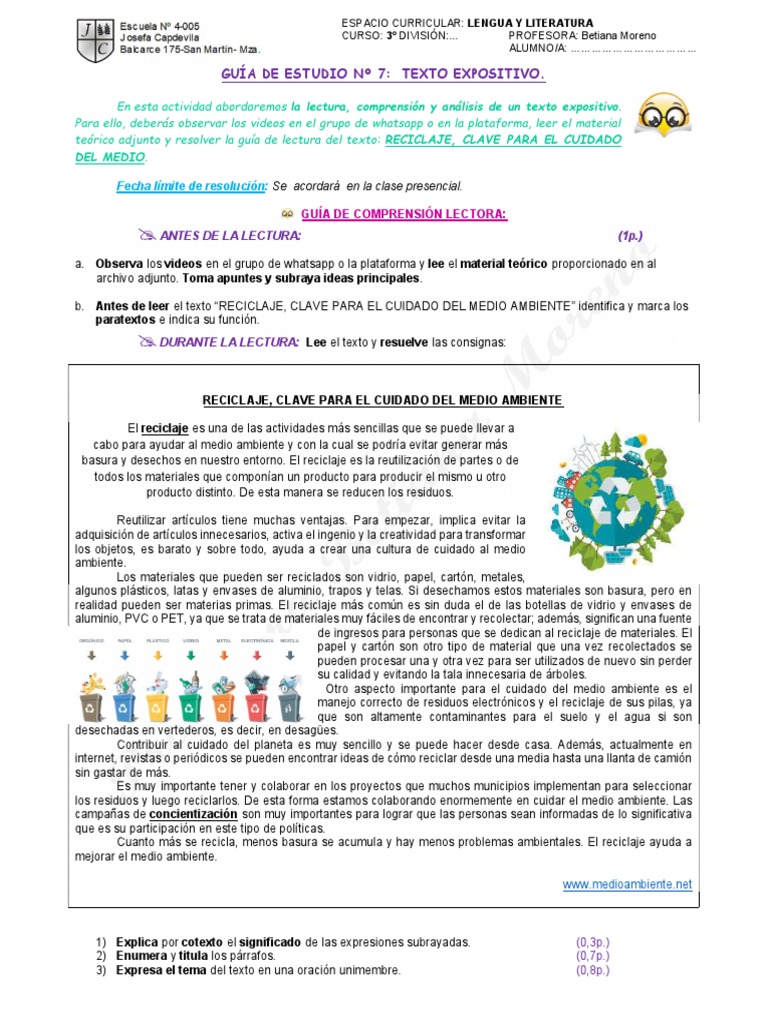 3er Año. GUÍA DE ESTUDIO #7. TEXTO EXPOSITIVO | PDF | Reciclaje | Residuos