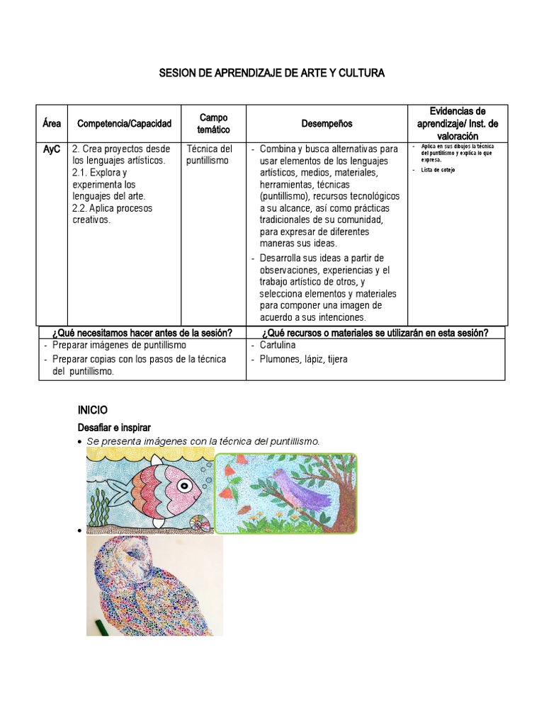 SESION DE APRENDIZAJE DE ARTE Y CULTURA - El Puntillismo | PDF