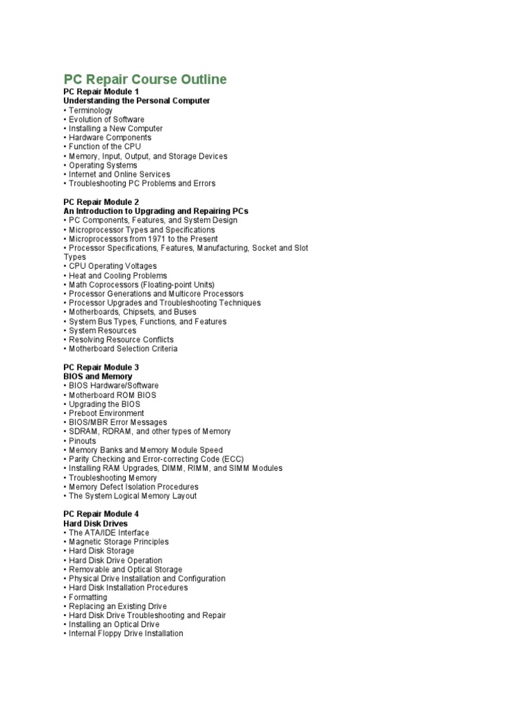 PC Repair Course Outline PDF Bios Random Access Memory