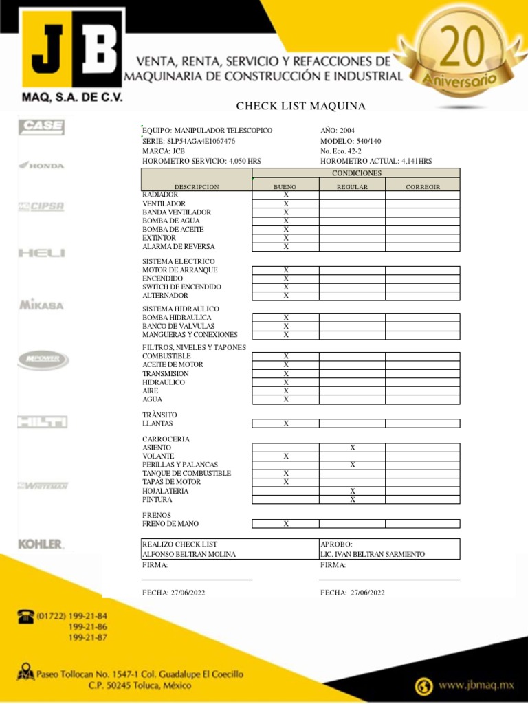 Check List Manipulador Telescopico JCB 540-140 | PDF