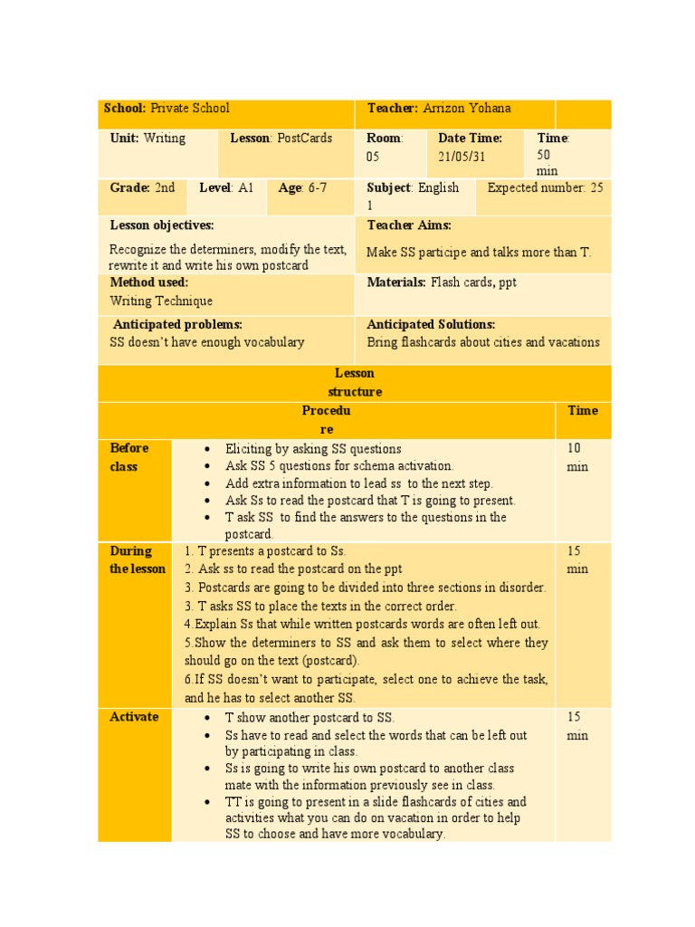 Postcards Lesson Plan PDF Flashcard Behavior Modification