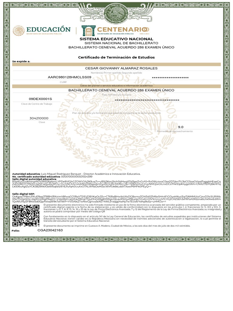 Certificado CENEVAL Acuerdo 286 | PDF