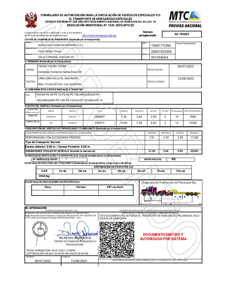Formulario de Autorización para La Circulación de Vehículos Especiales ...