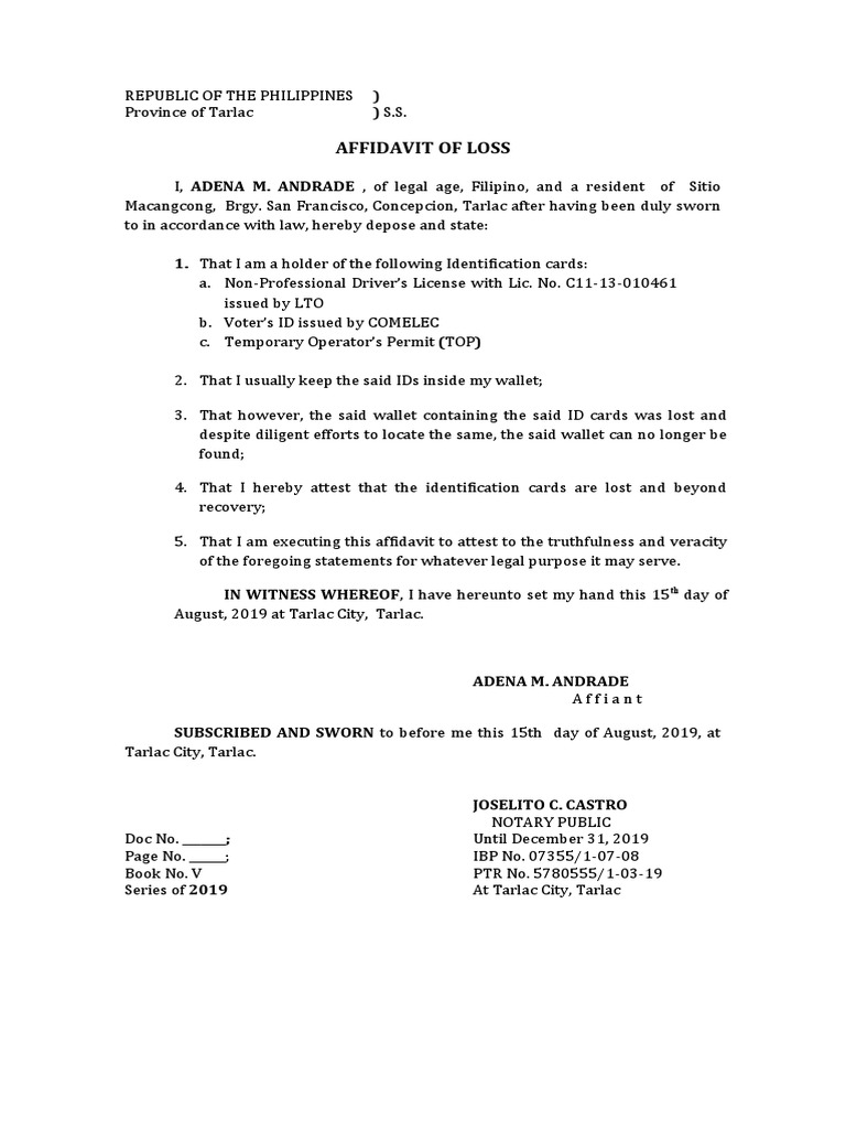 Affidavit Of Loss Lto Sample How To Get An Affidavit Of Loss - Free ...