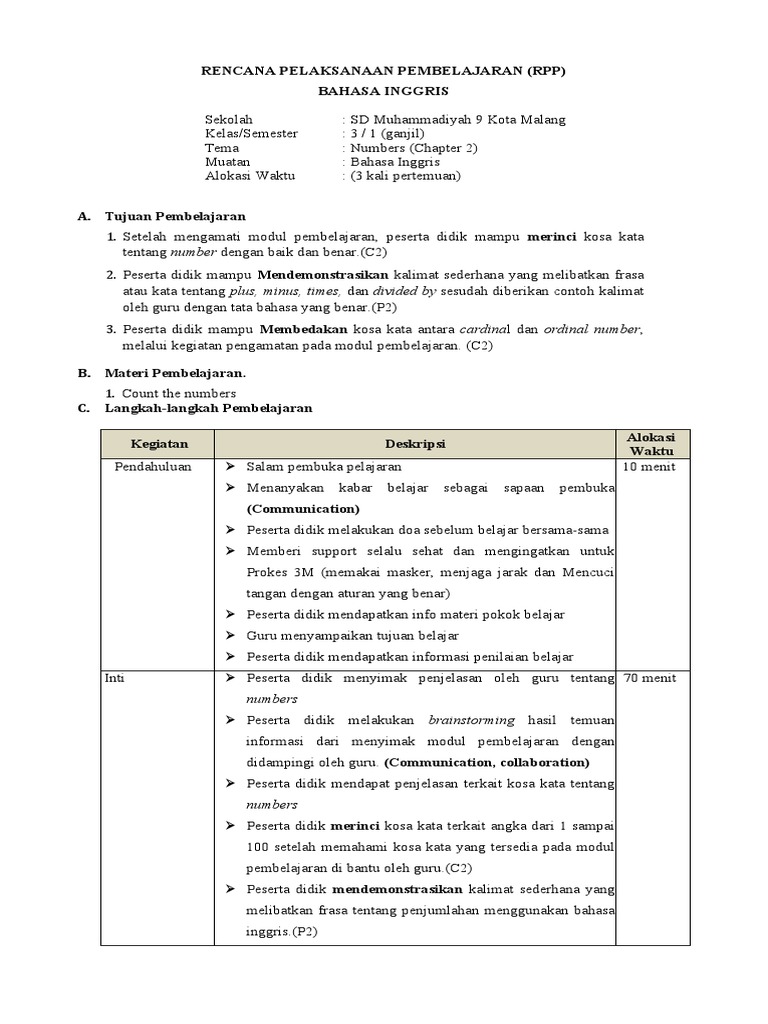 RPP Bahasa Inggris Kelas 3: Numbers | PDF