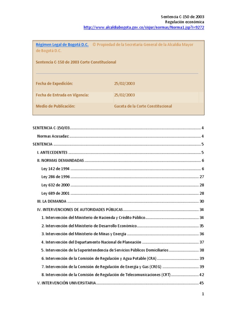 CC Sentencia C-150 de 2003 Regulacion Economica en SSPD | PDF