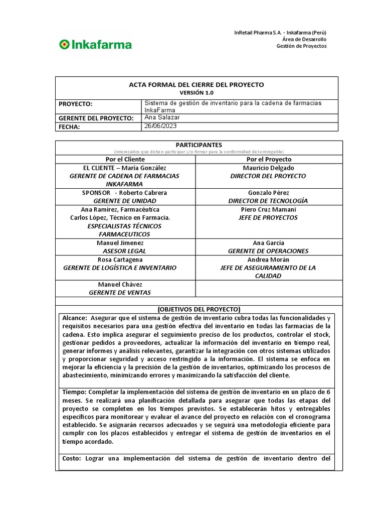 10.-Modelo de Acta Formal Cierre Del Proyecto | PDF