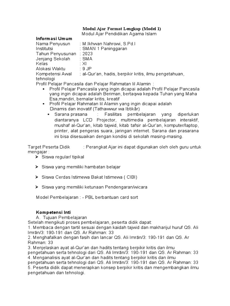 Modul Ajar PPL 1 IKHWAN | PDF | Seni | Sains & Matematika