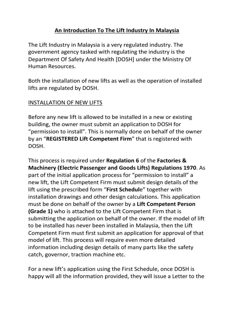 An Introduction To The Lift Industry In Malaysia Pdf Elevator