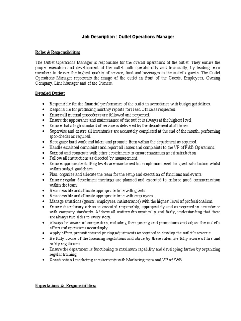 Job Description Outlet Operations Manager PDF Business