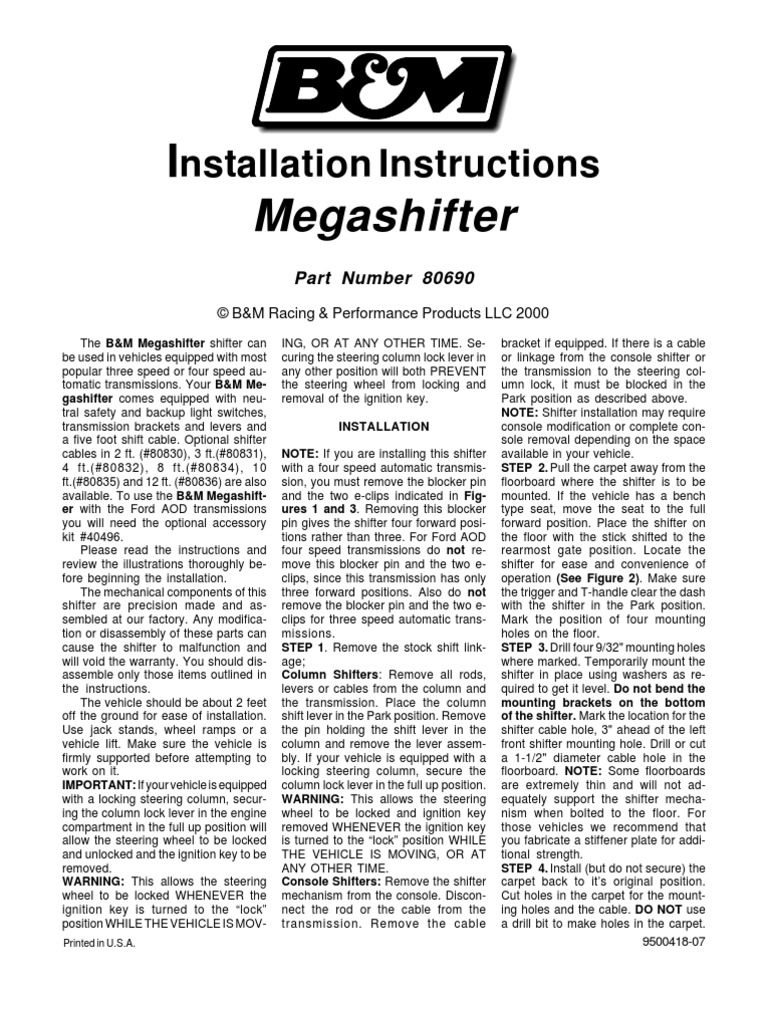 B&M Megashifter Installation Manual PDF Manual Transmission