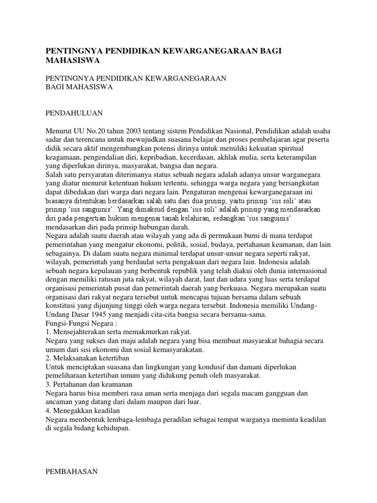 Pentingnya Pendidikan Kewarganegaraan Bagi Mahasiswa Pdf