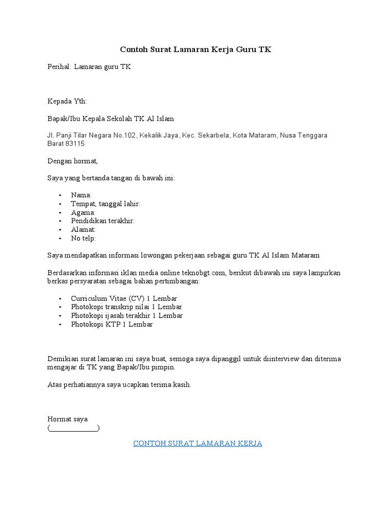 Contoh Surat Lamaran Kerja Guru TK | PDF