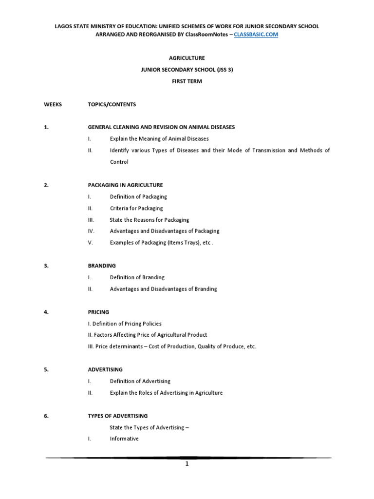 Agriculture Scheme of Work for Junior Secondary School JSS 3 | PDF ...