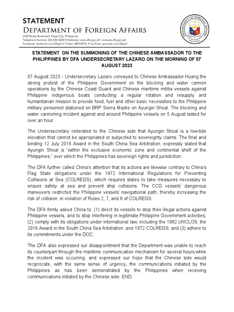 statement-on-the-summoning-of-the-chinese-ambassador-to-the-philippines