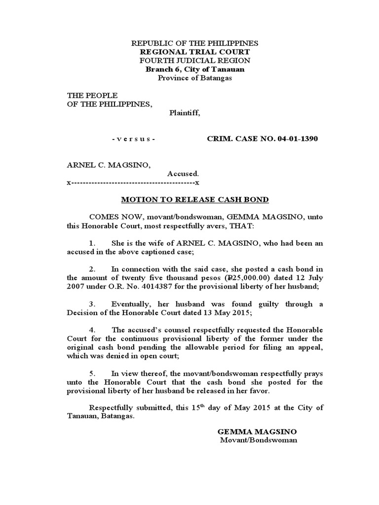 Motion To Release Cash Bond PDF Motion To Release Cash Bond PDF