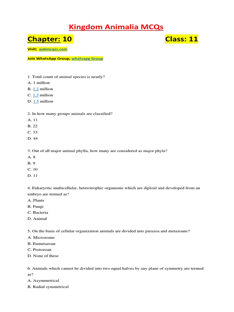 Chapter 10 Kingdom Animalia MCQs PDF Class 11 | PDF | Sponge | Mollusca