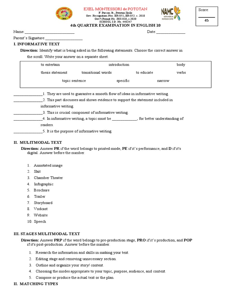 English 10 4th Quarter Examination 2021 Talal (1) PDF