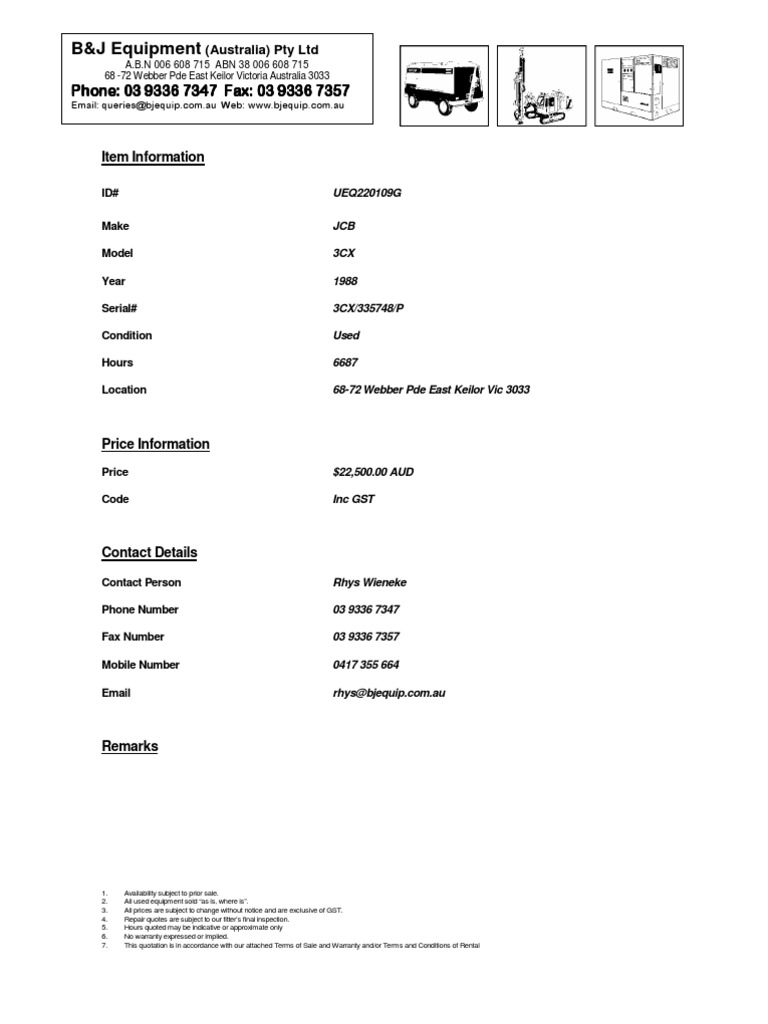 1988 JCB 3CX Equipment Quotation | PDF | Finance & Money Management