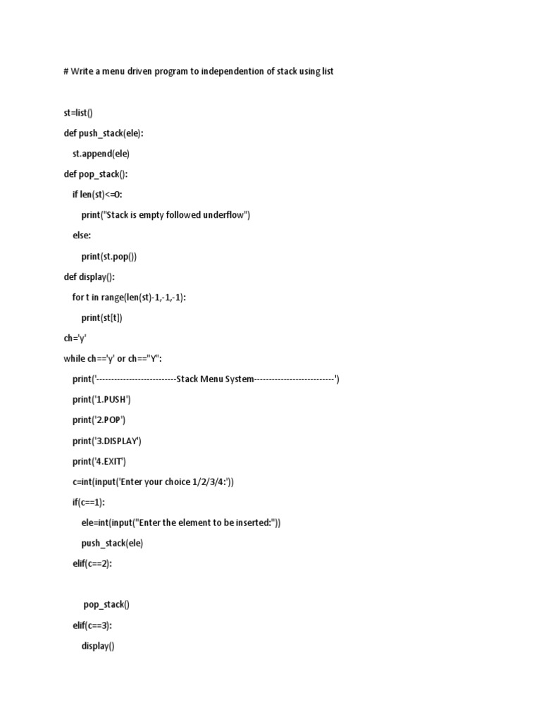 Write a Menu Driven Program to Independention of Stack Using List PDF