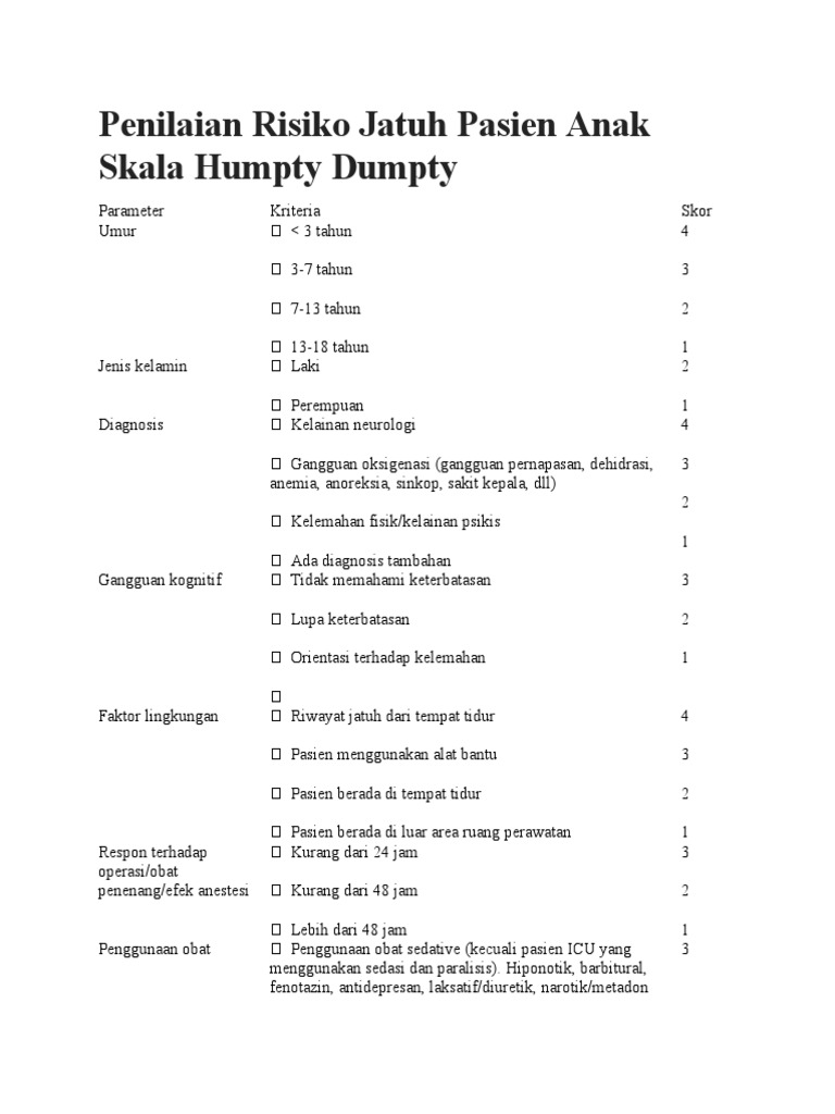 Penilaian Risiko Jatuh Pasien Anak Skala Humpty Dumpty | PDF