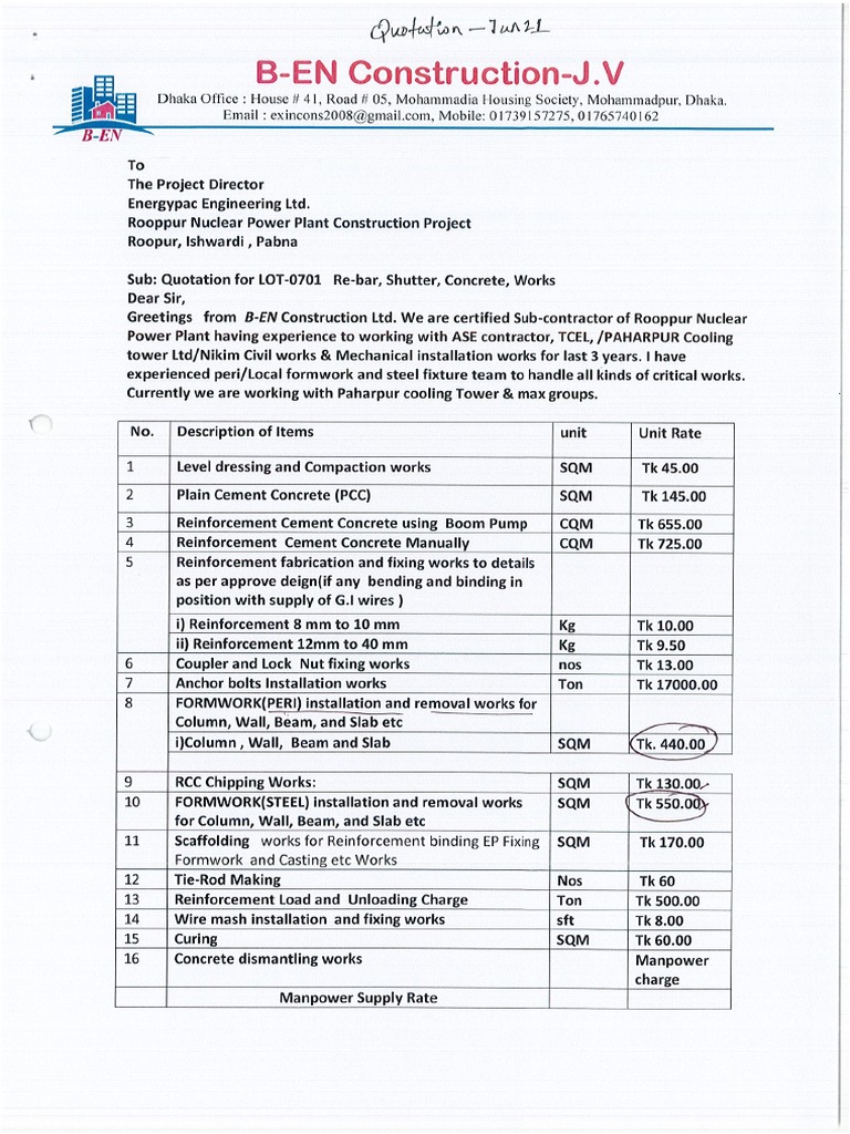 Ben Construction - 1st Quotation | PDF