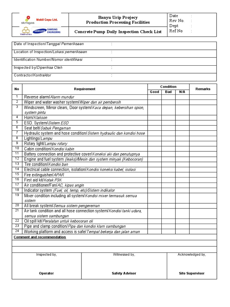 Concrete Pump Inspection Checklist | PDF | Equipment | Manufactured Goods