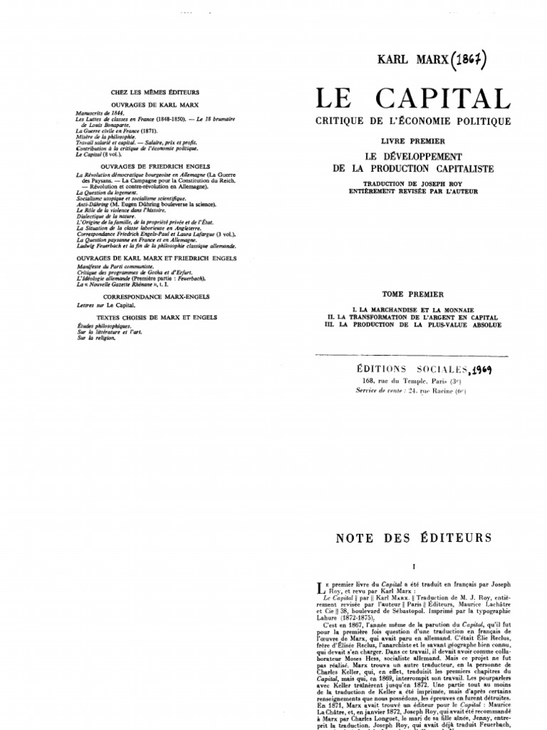 Marx Le Capitale 1875 I Pdf Politiques General Science