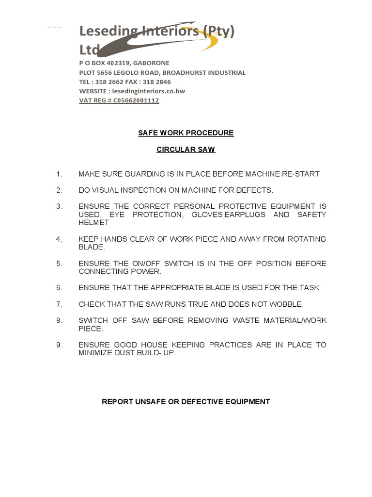 SAFE WORK PROCEDURE CIRCULAR SAW PDF