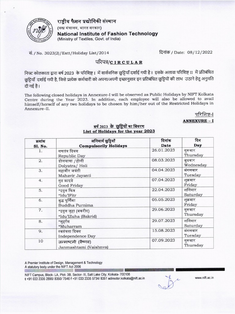Niftkol Holiday List-2023 | PDF