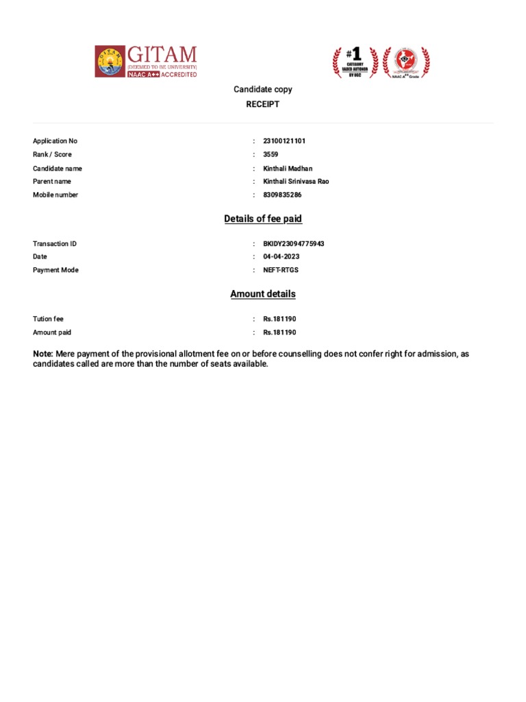 GITAM Fee Payment 1st Semester PDF